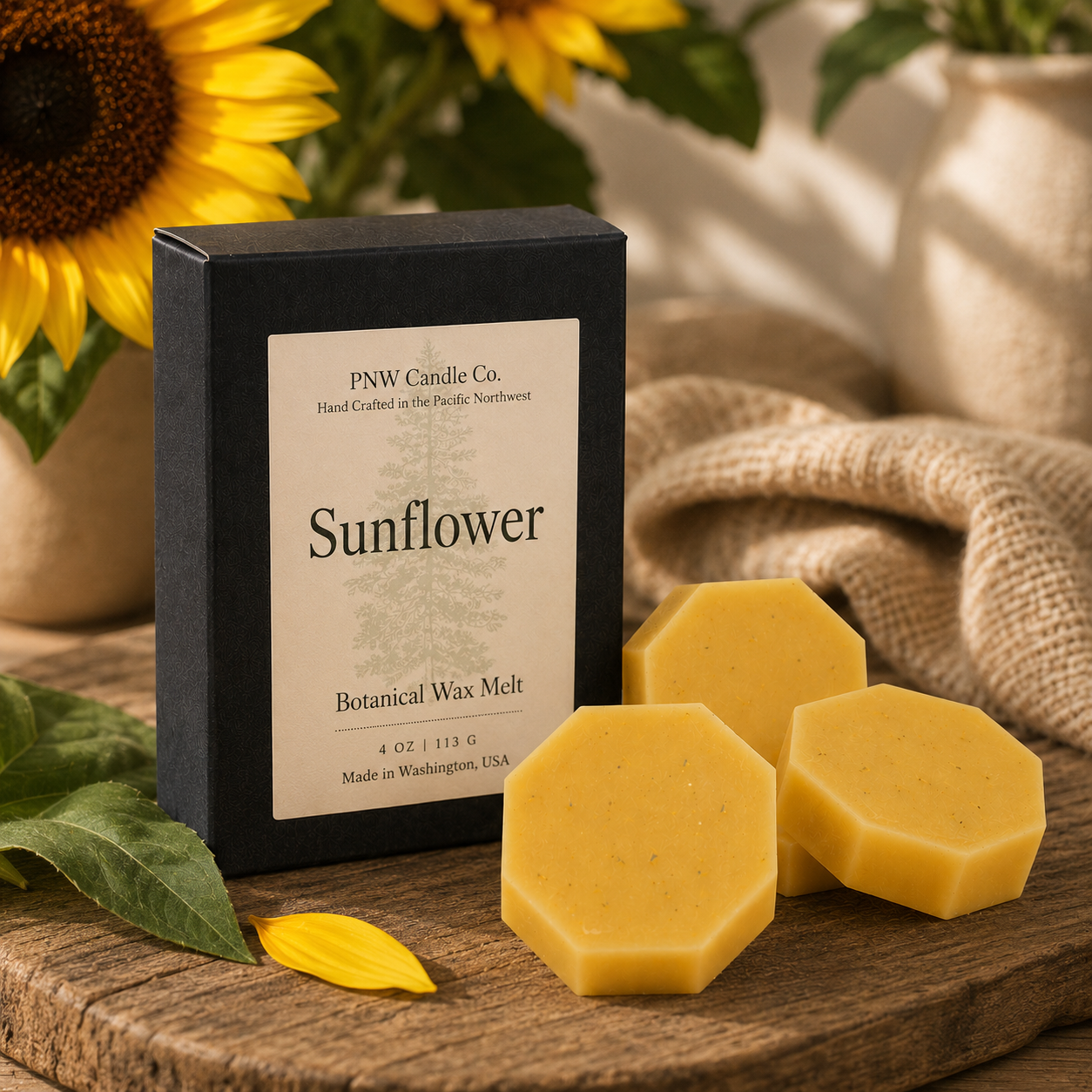 PNW Candle Co sunflower wax melt tart with bright yellow sunflower design and natural wax texture.