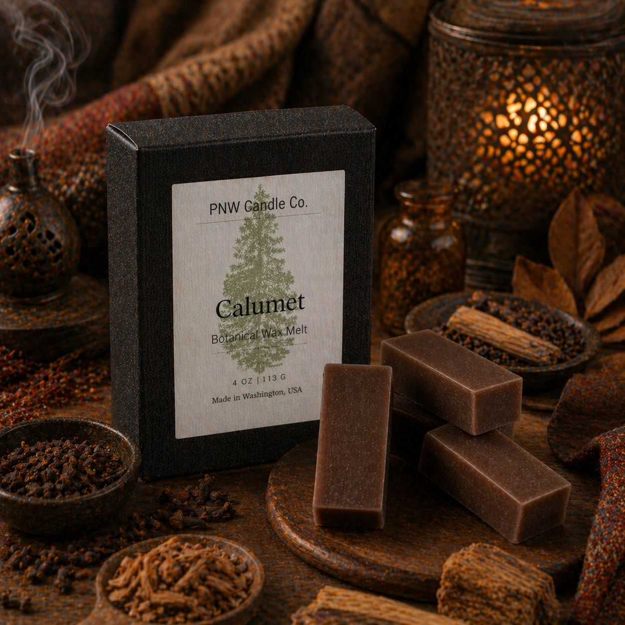 PNW Candle Co Calumet scented wax tart, aromatic wax melt in a round shape with a warm, inviting fragrance.