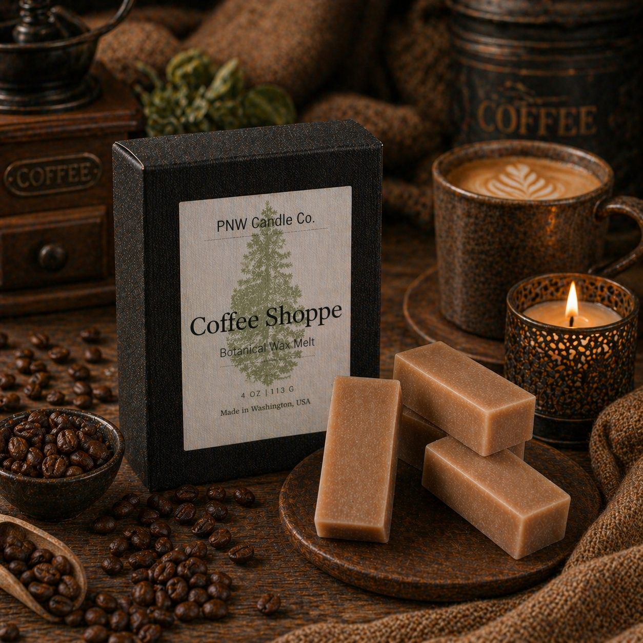 PNW Candle Co Coffee Shoppe wax tart, fragrant wax melt with coffee scent, in a round wax tart shape, for use in wax warmers.