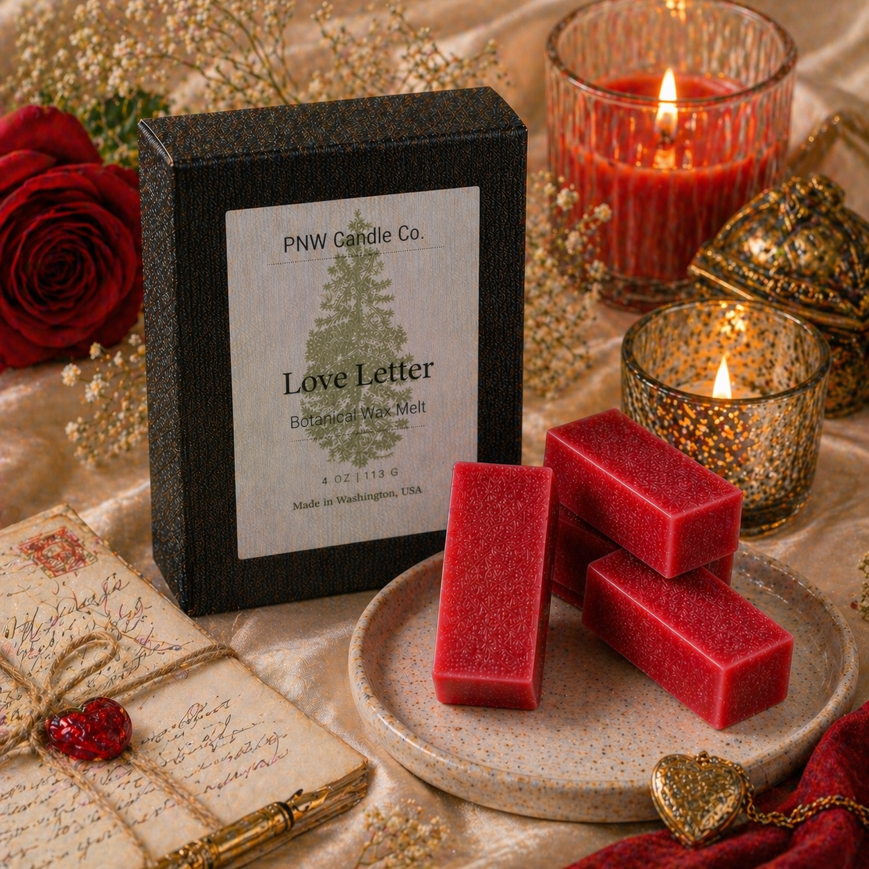 PNW Candle Co Love Letter wax tart with heart-shaped design and floral scent, ideal for wax melts and aromatherapy.