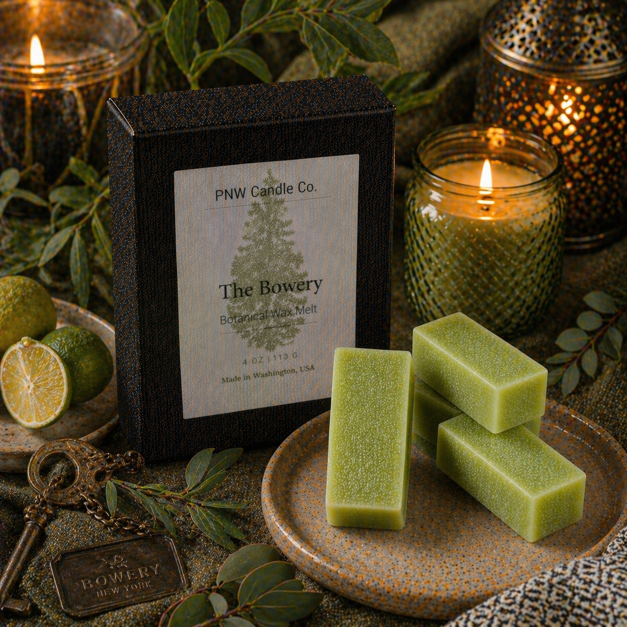 PNW Candle Co Bowery scented wax tart, a wax melt with a floral and citrus aroma, displayed in a clear plastic clamshell packaging.