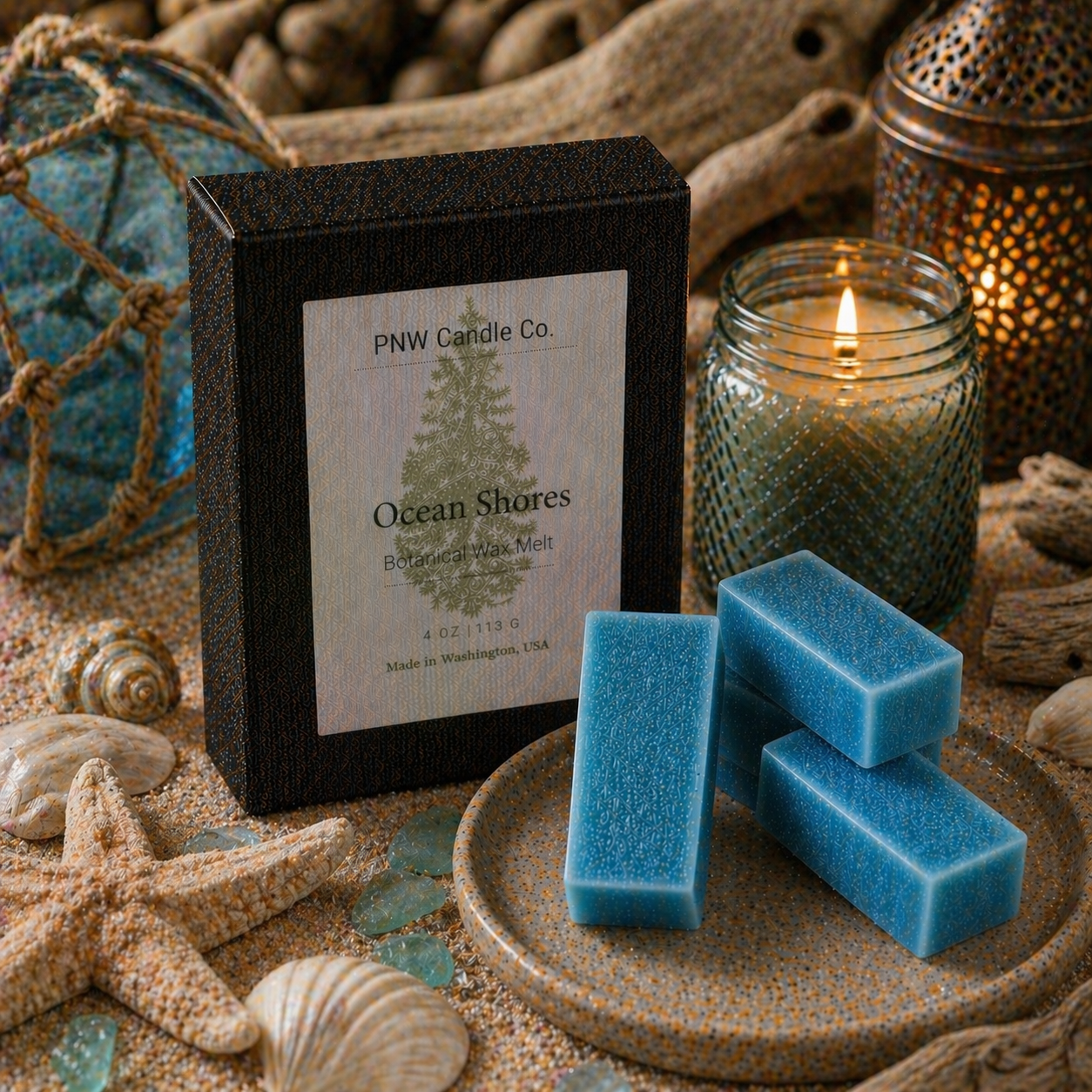 Ocean Shores wax tart by PNW Candle Co, a fragrant wax melt with ocean-inspired scent, displayed in a clear wax tart shape.