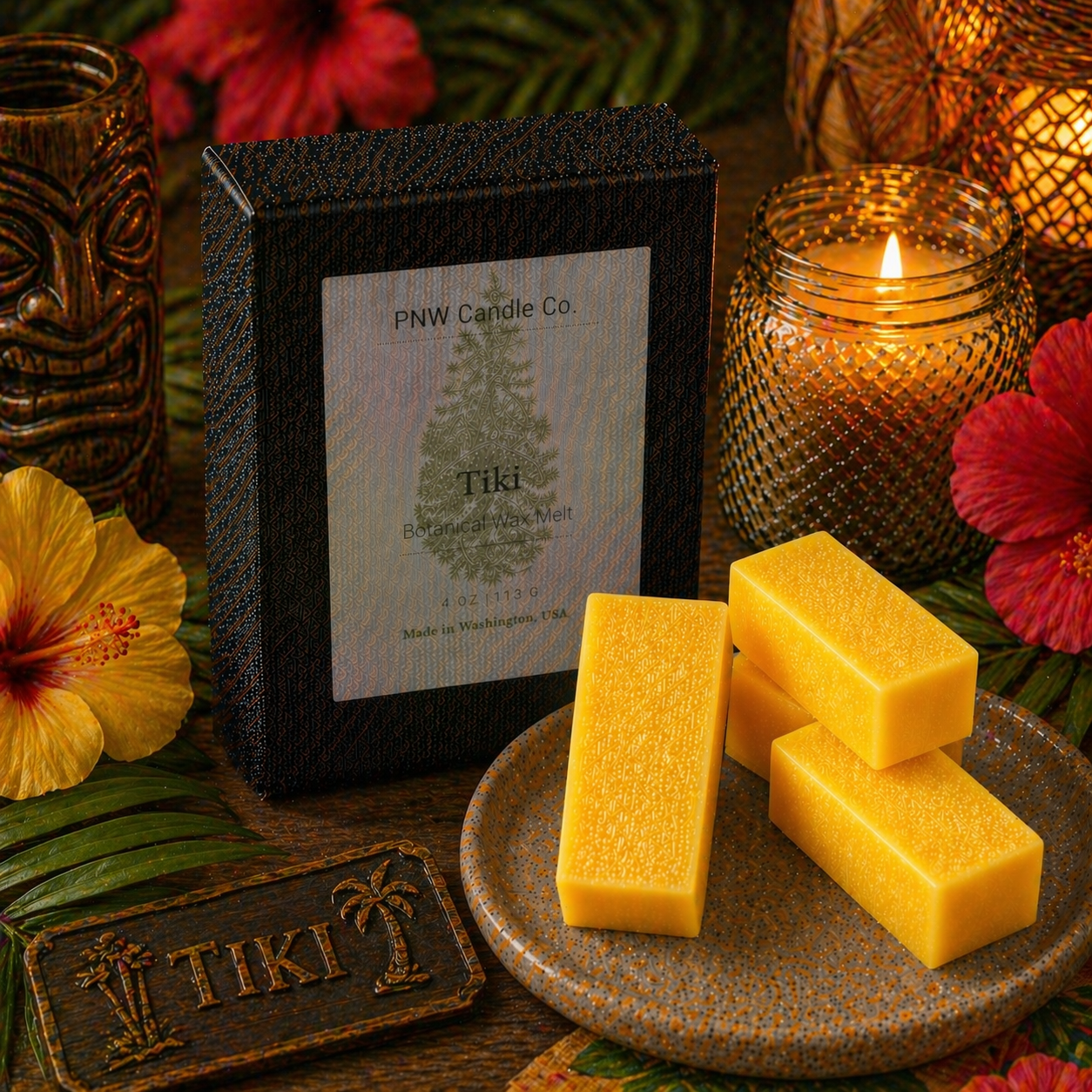 PNW Candle Co Tiki Wax Melt tart with tropical tiki design, vibrant colors, and wax texture in a close-up view.