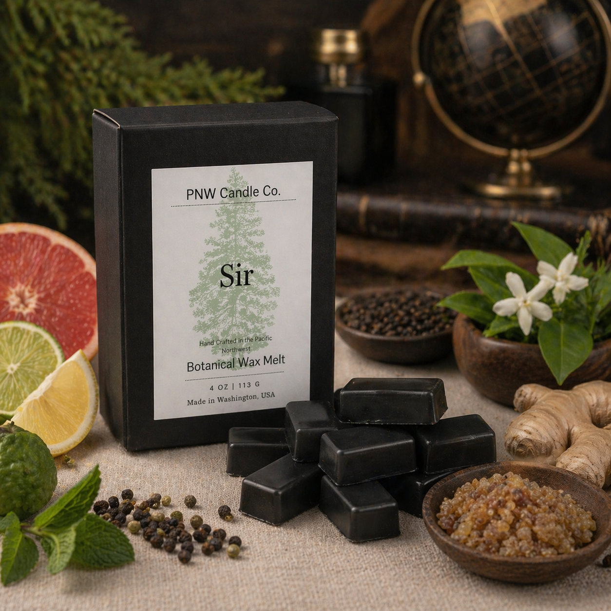 Sir 4 oz Signature Melt Box with charcoal-black botanical wax melts and citrus, spice, mint, cedar and frankincense