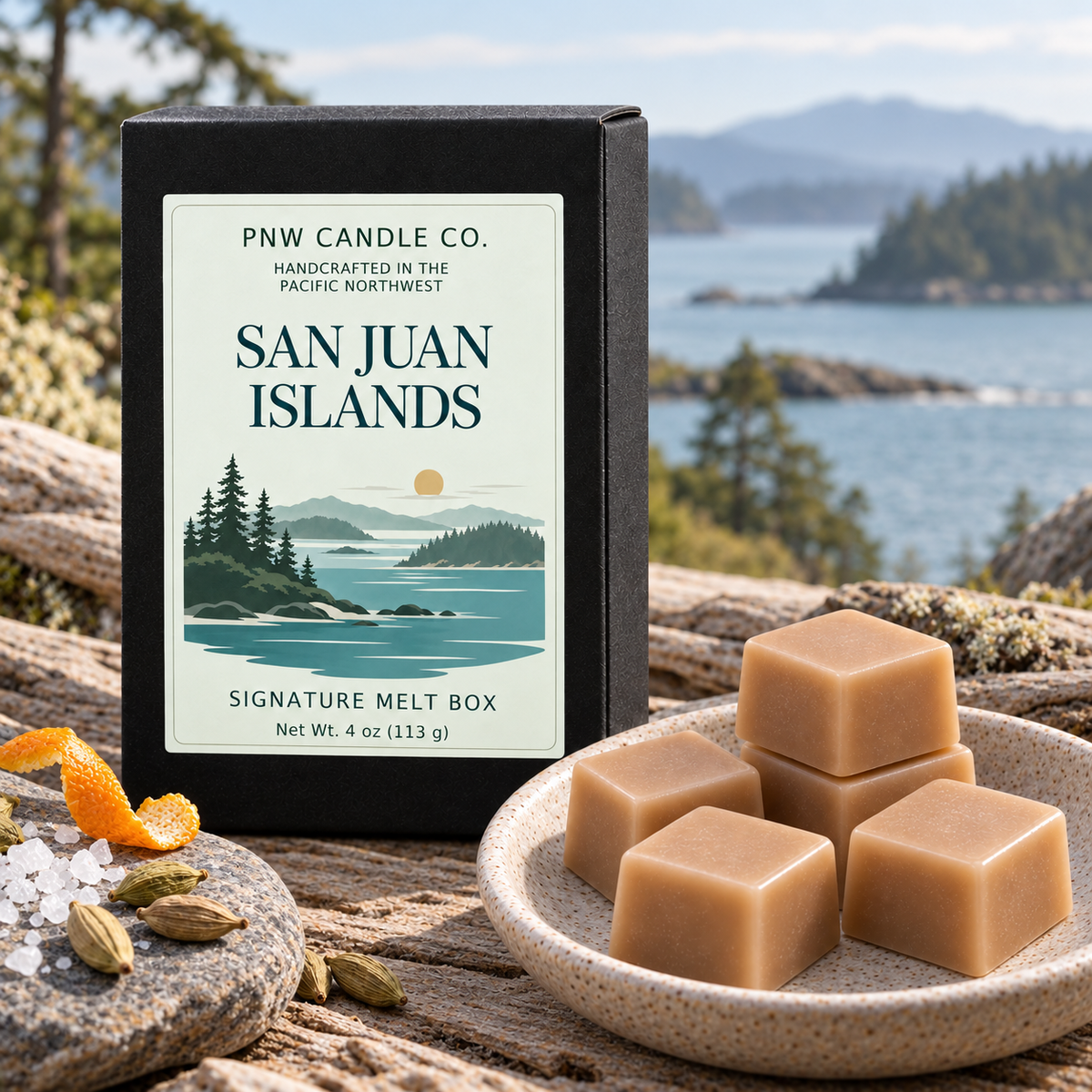 San Juan Islands wax melts in a coastal scene with sea breeze, salty air and pine.