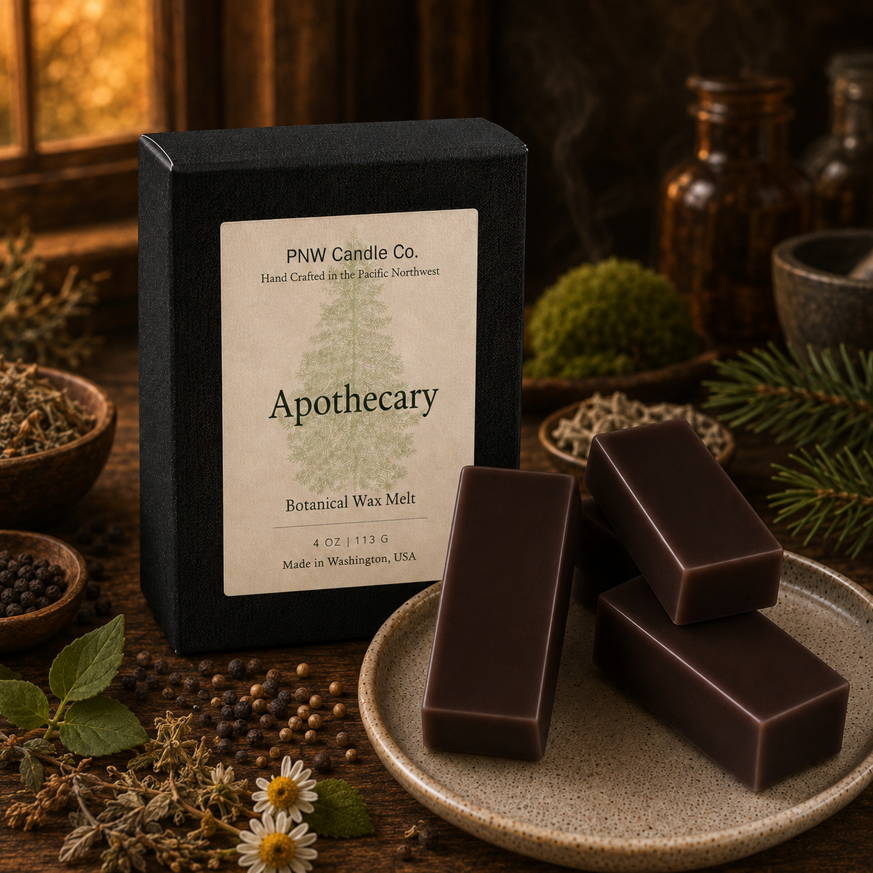 Apothecary 4 oz Signature Melt Box with four smooth dark brown botanical wax melts