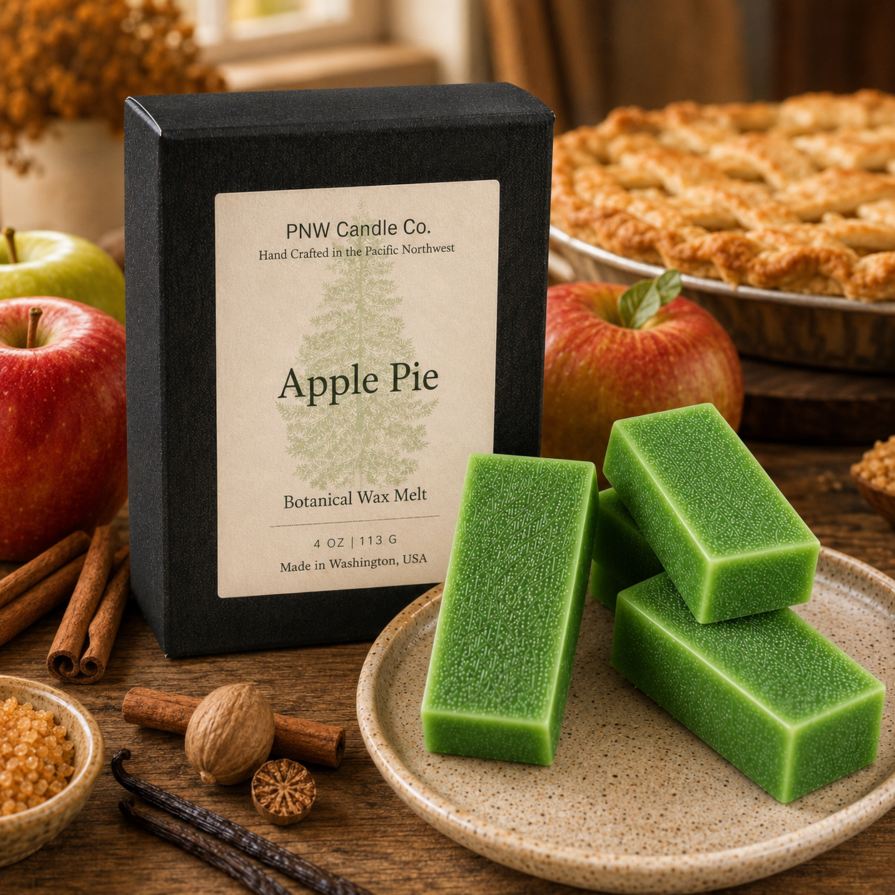 Bright green 4 oz Apple Pie Signature Melt Box with four decorative wax melts