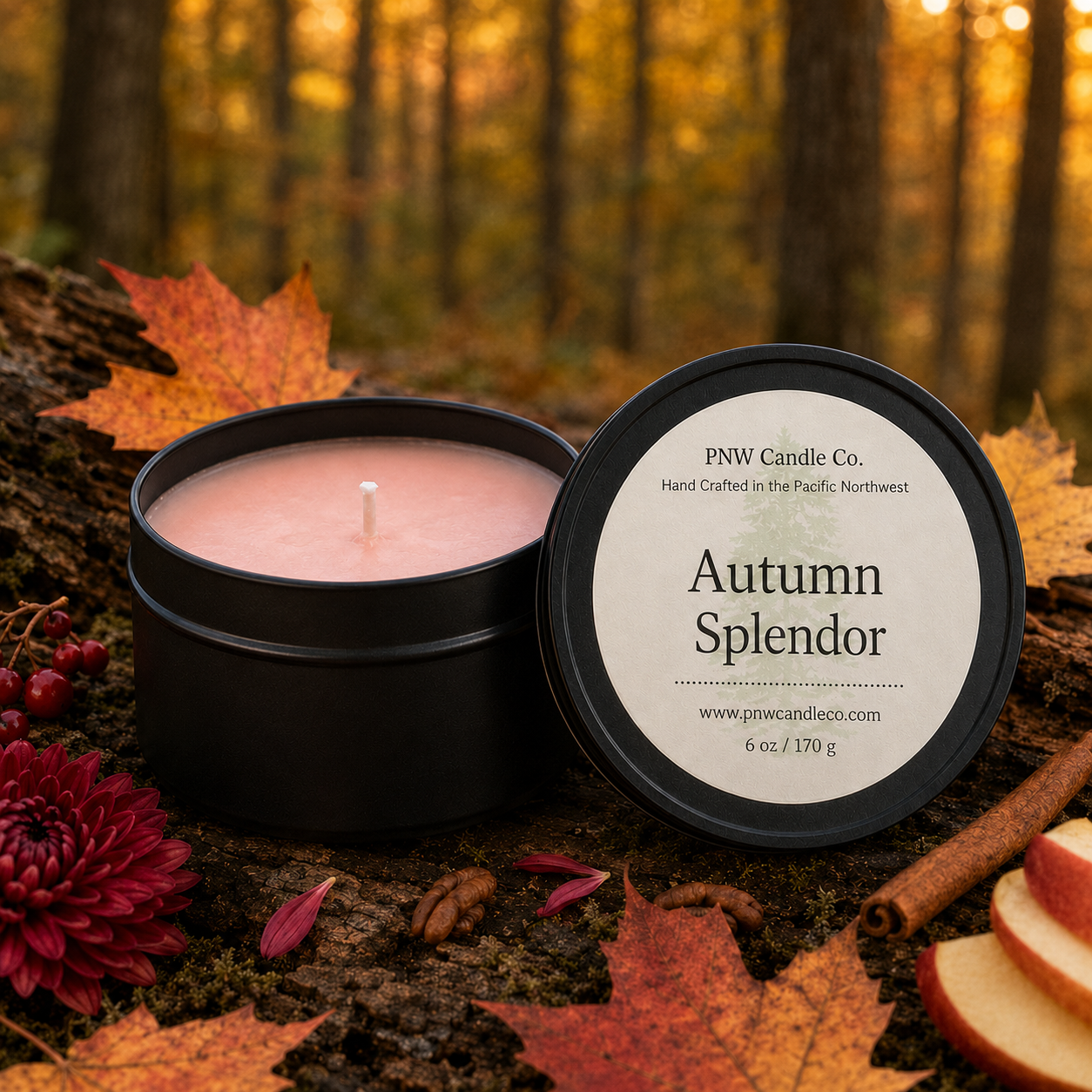 Autumn Splendor 6 oz candle tin with blush wax, autumn leaves, apple, cinnamon, pecans, berries and chrysanthemum