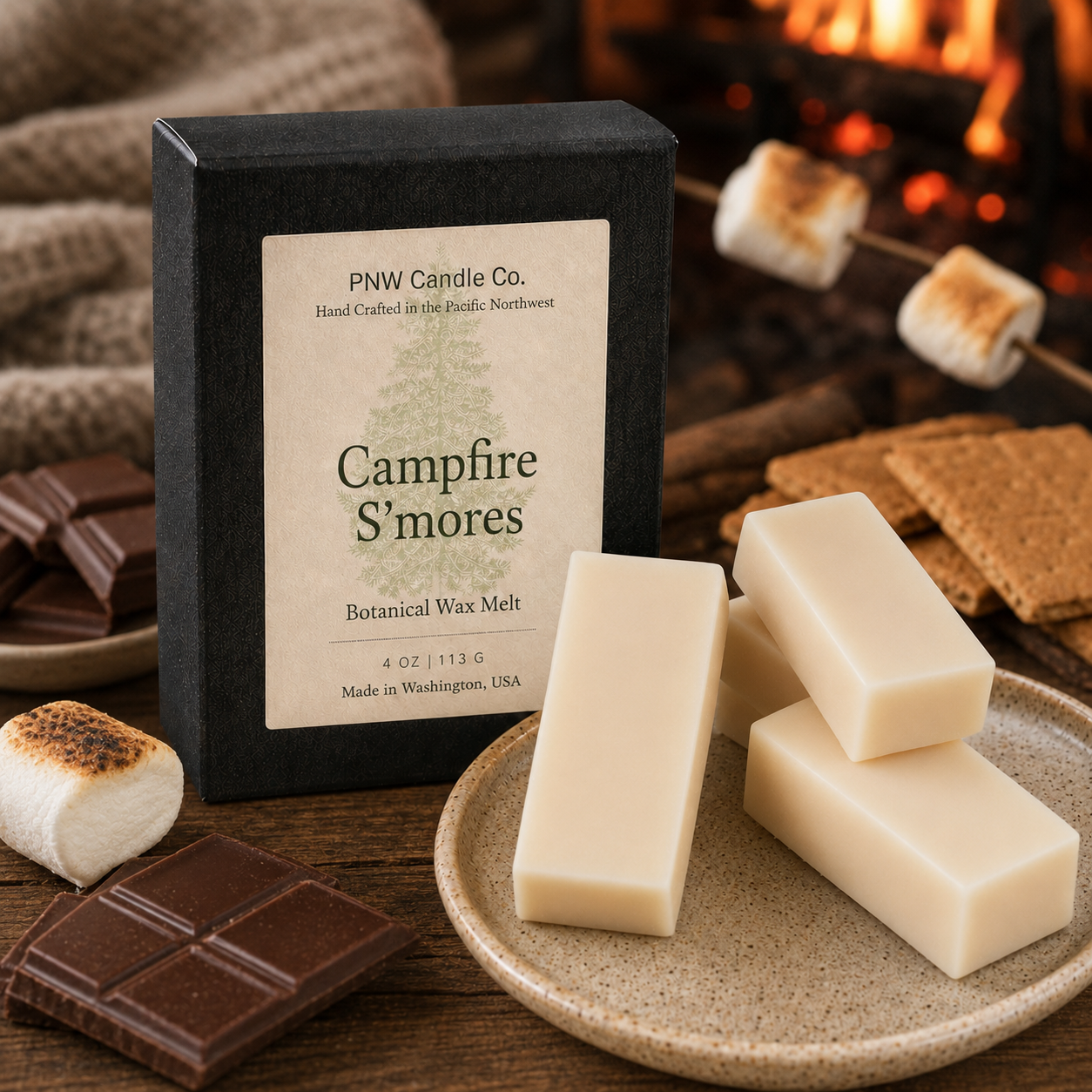Campfire S'mores standard 4 oz Signature Melt Box with four smooth cream wax melts