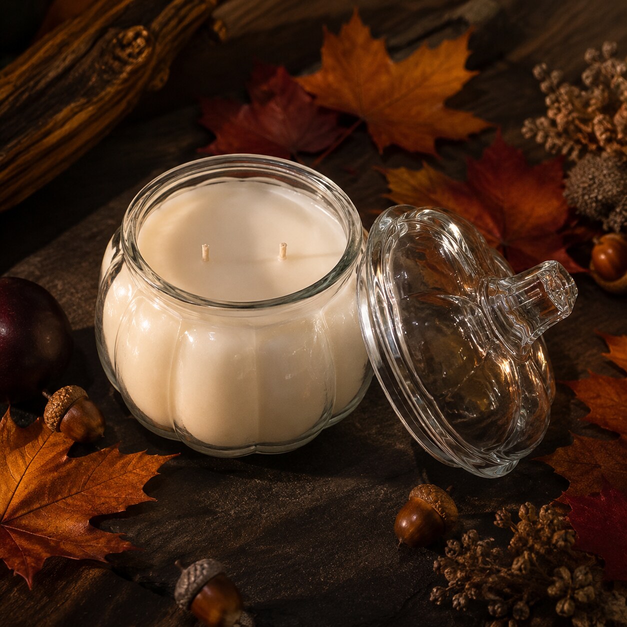 Open Maple Leaf & Acorn 15 oz candle showing ivory coconut apricot wax and two cotton wicks beside its clear glass pumpkin lid.