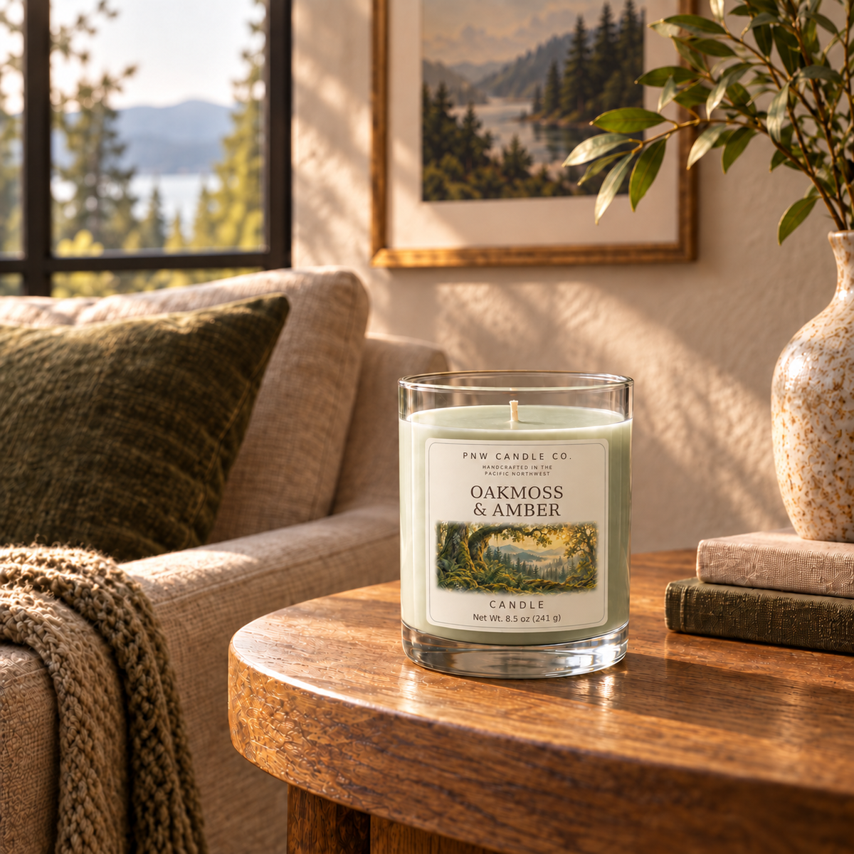 Oakmoss & Amber 8.5 oz candle with forest label on an oak table