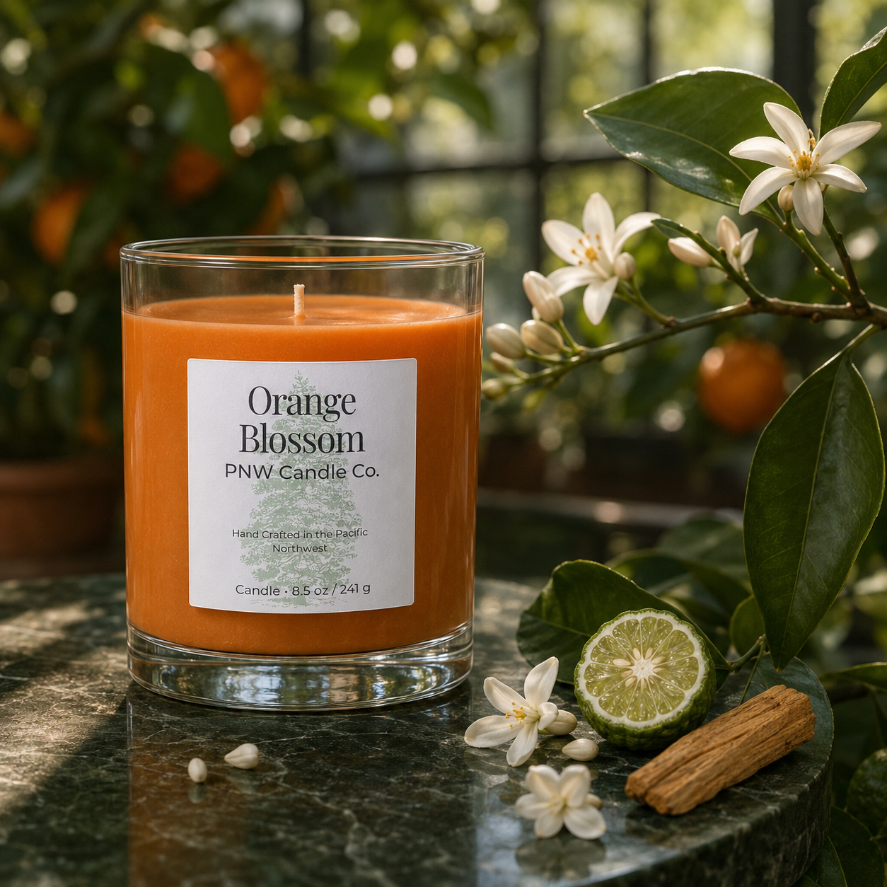 Orange Blossom scented candle by PNW Candle Co with warm-orange wax, citrus blossoms, bergamot, and sandalwood.
