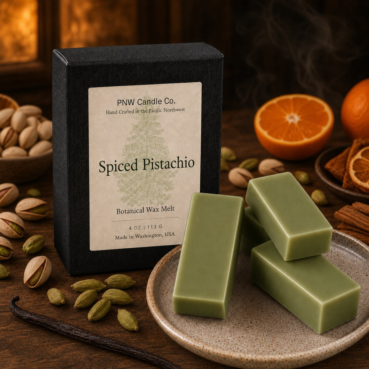 Spiced Pistachio 4 oz Signature Melt Box with four smooth pistachio green wax melts, pistachios, mandarin, cardamom, vanilla and sandalwood