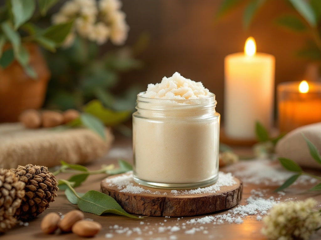 Sugar scrub in a jar with ingredients styled for an exfoliating body-care routine.