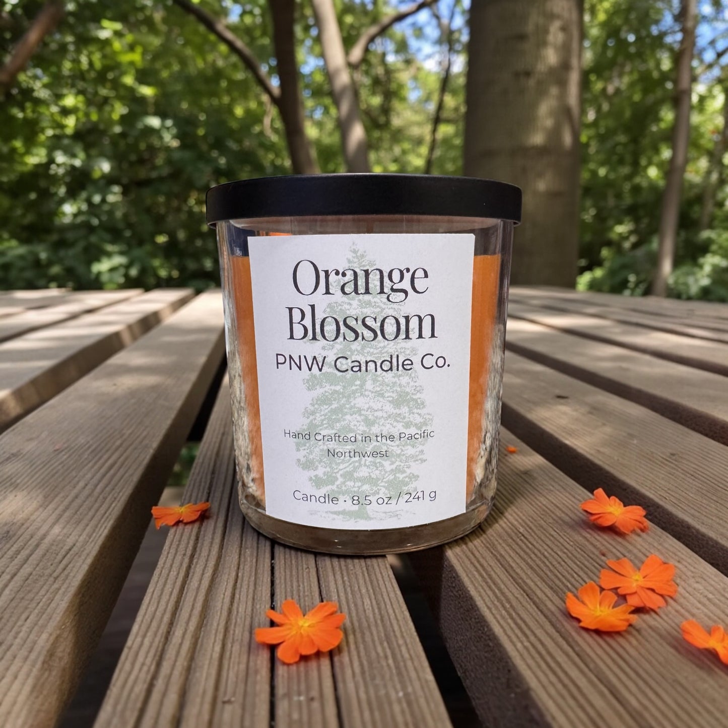Orange Blossom scented candle by PNW Candle Co, featuring a warm, inviting candle with a bright orange blossom fragrance.