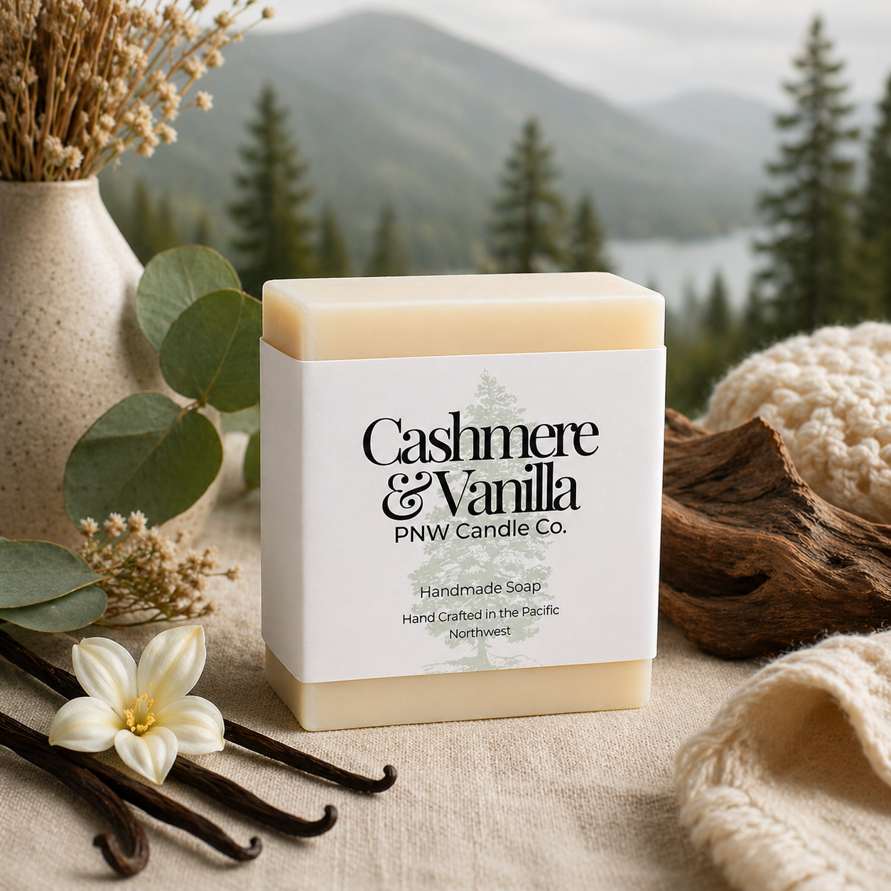 Handcrafted cold process soap with cashmere and vanilla scent from PNW Candle Co, showing a bar with smooth texture and creamy appearance.