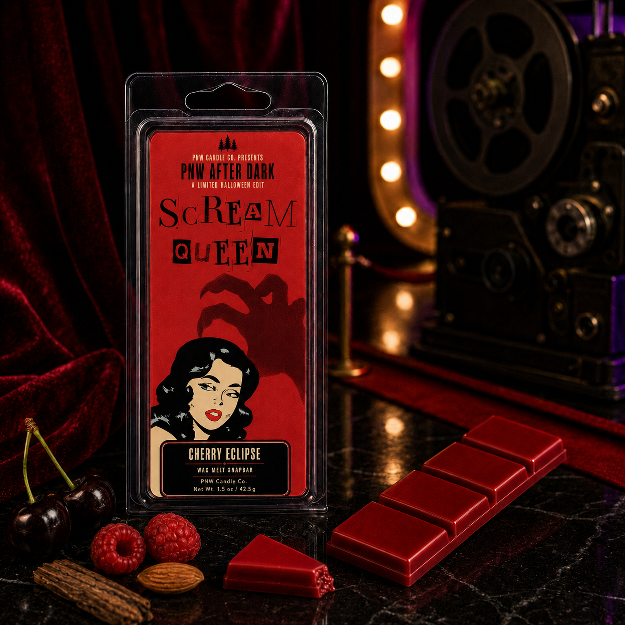 Scream Queen Cherry Eclipse red Snapbar wax melt in a cinematic PNW After Dark scene