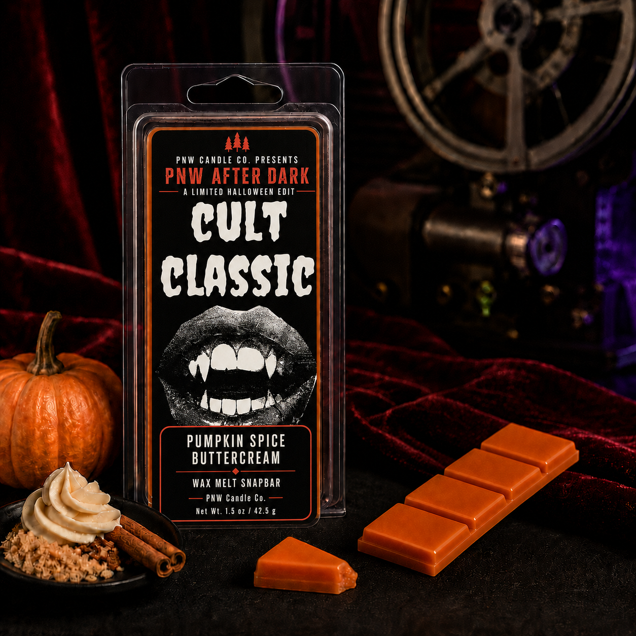 Cult Classic Pumpkin Spice Buttercream orange Snapbar wax melt in a vintage horror scene