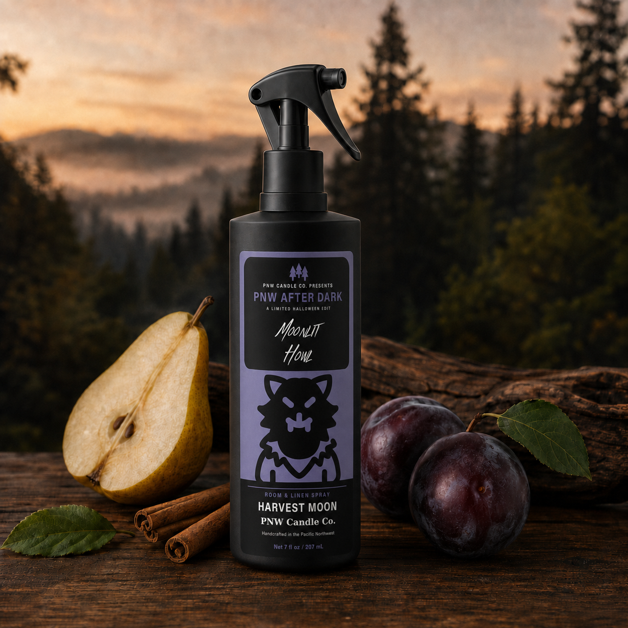 Harvest Moon room and linen spray with pear, plum, and cinnamon in an autumn forest setting
