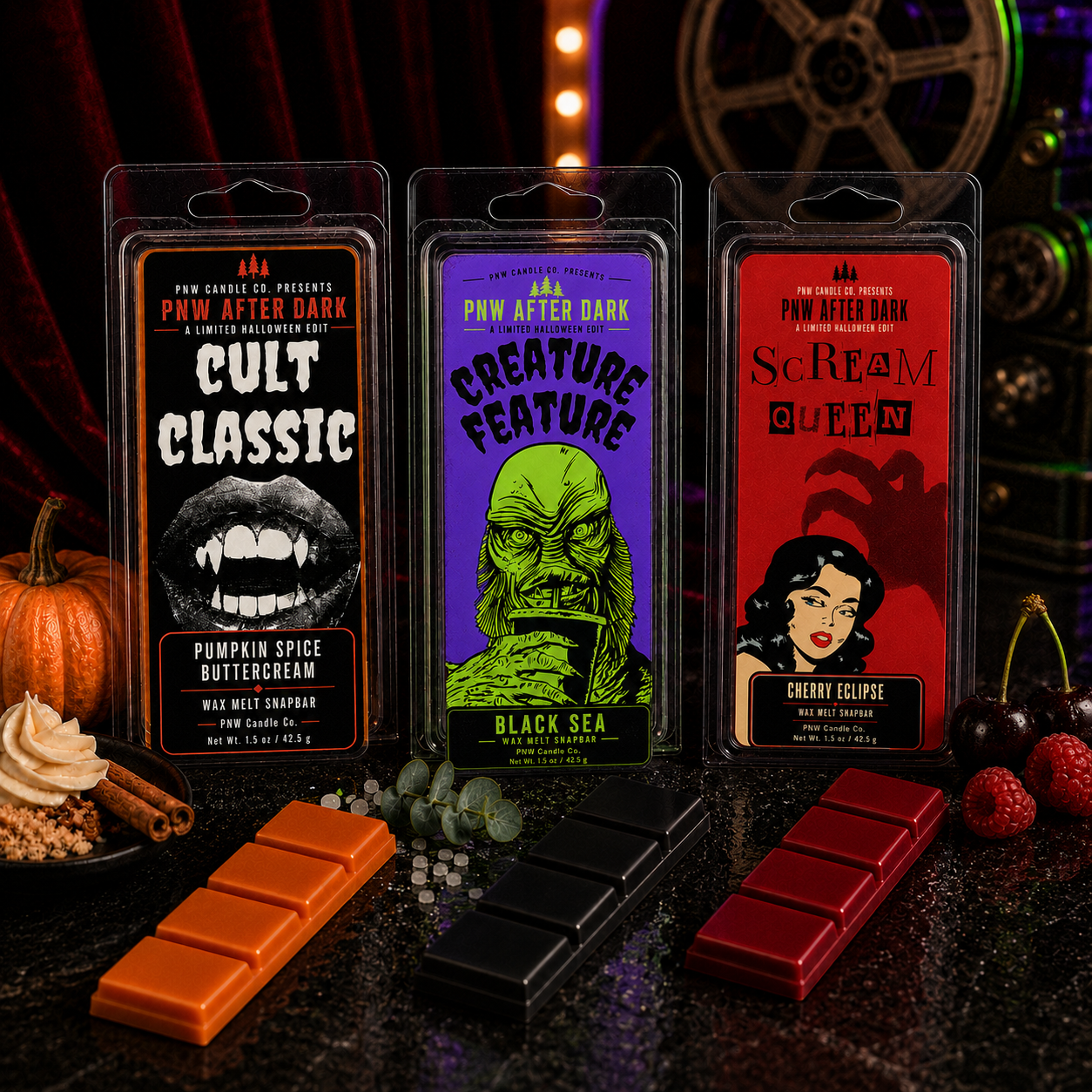 Triple Feature Snapbar Set with Creature Feature, Scream Queen, and Cult Classic wax melts