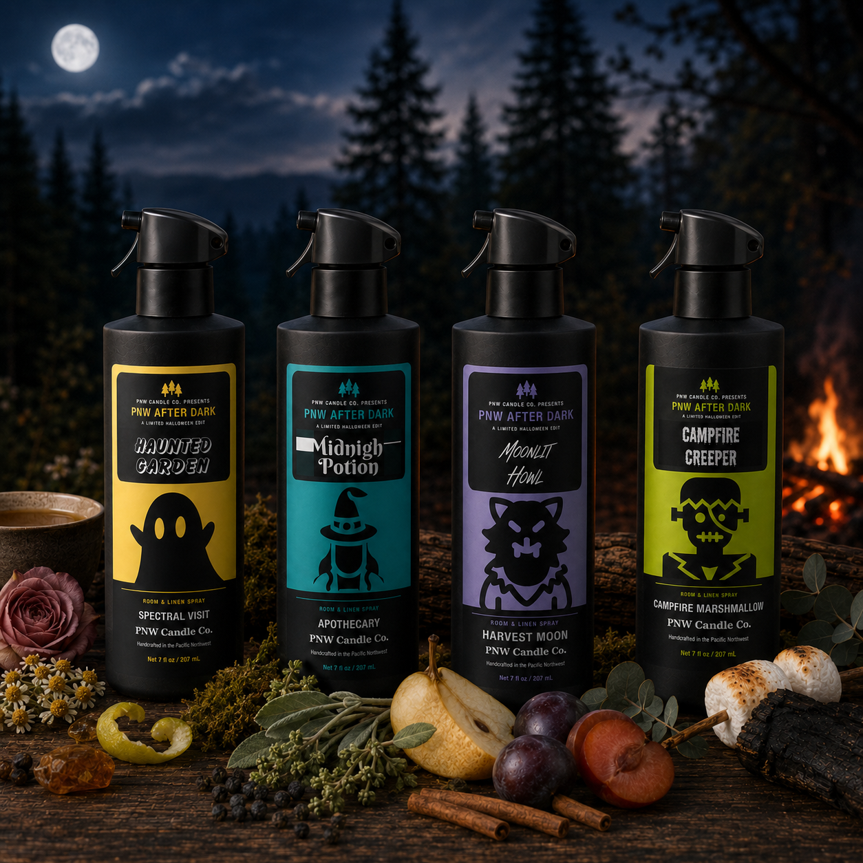 PNW After Dark Room Spray Flight featuring Spectral Visit, Apothecary, Harvest Moon, and Campfire Marshmallow