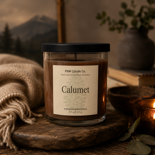 PNW Candle Co Calumet scented candle in a glass jar with a lit wick and warm glow, showcasing cozy home decor ambiance.