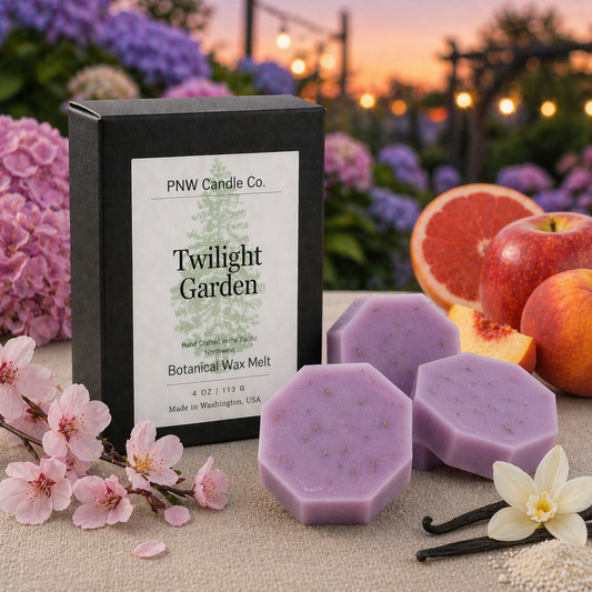 PNW Candle Co Twilight Garden wax melt tart with floral and citrus scent, showcasing the colorful wax design.