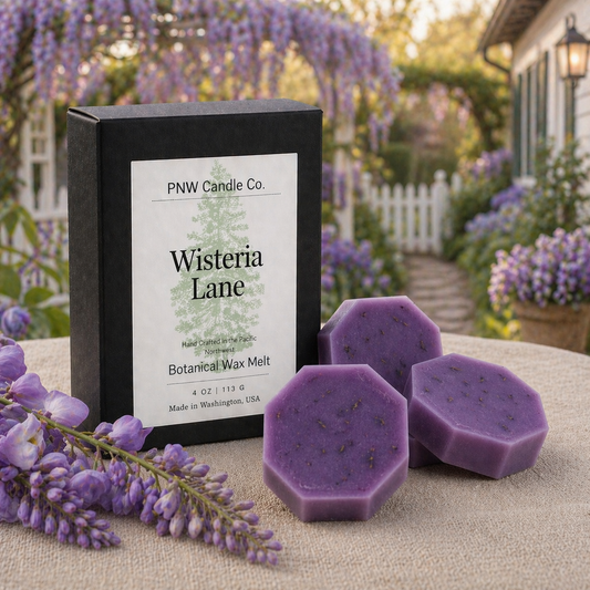 PNW Candle Co Wisteria Lane scented wax tart with purple and white floral design, ideal for fragrant home ambiance.