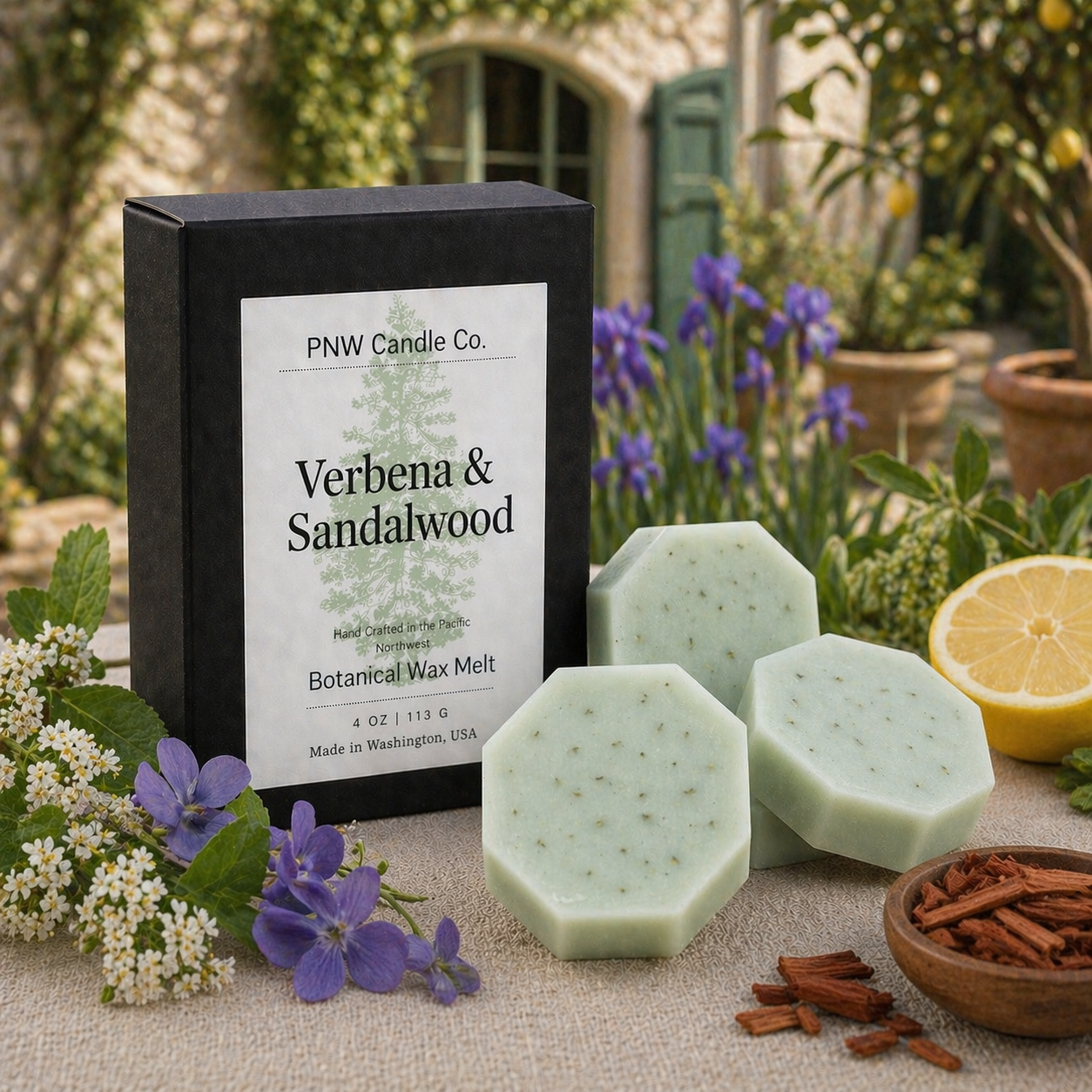 PNW Candle Co Verbena & Sandalwood wax tart with floral and woody scent, shown in a decorative wax melt form.