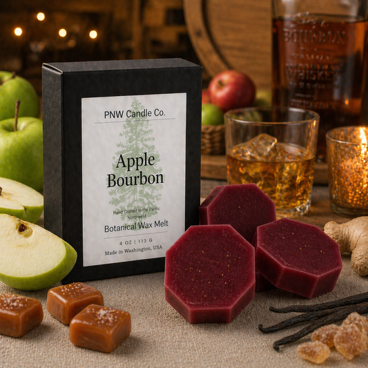 Apple Bourbon Wax Tart by PNW Candle Co, scented wax melts with warm apple and bourbon fragrance, shown in a clear plastic container.
