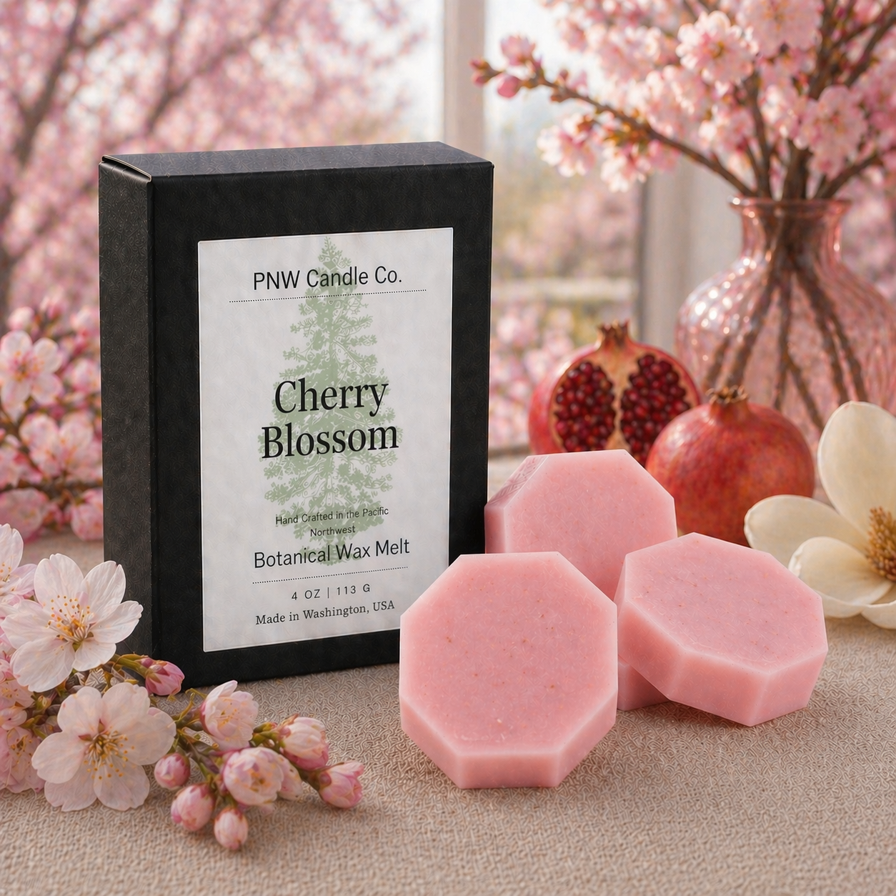 Cherry blossom scented wax tart from PNW Candle Co with pink and white floral design, ideal for home fragrance.