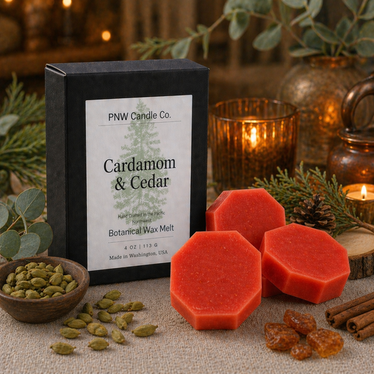 Cardamom and cedar scented wax tart from PNW Candle Co, showcasing a warm, aromatic wax melt with natural ingredients.