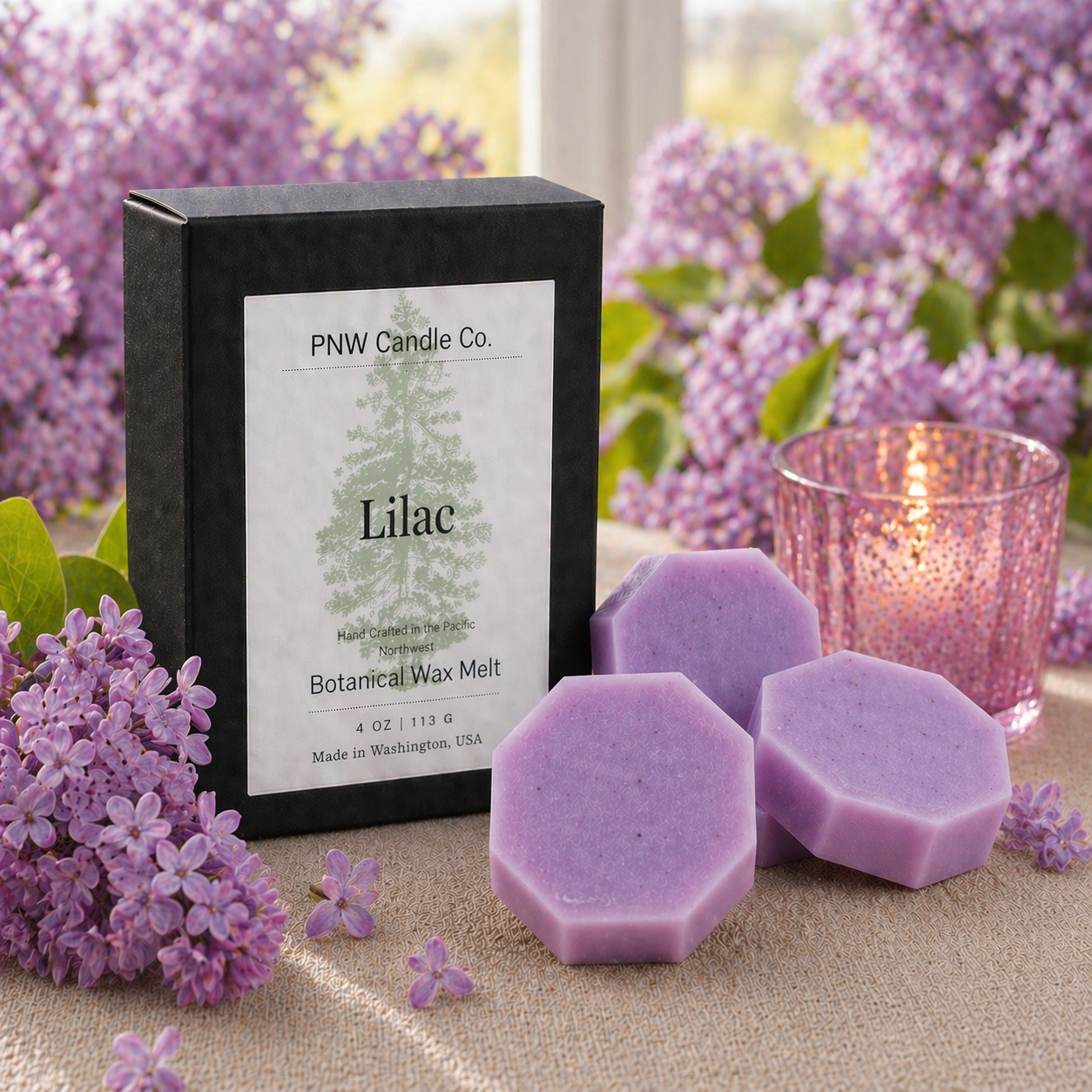 Lilac scented wax tart from PNW Candle Co with a pastel purple color and floral design for home fragrance.