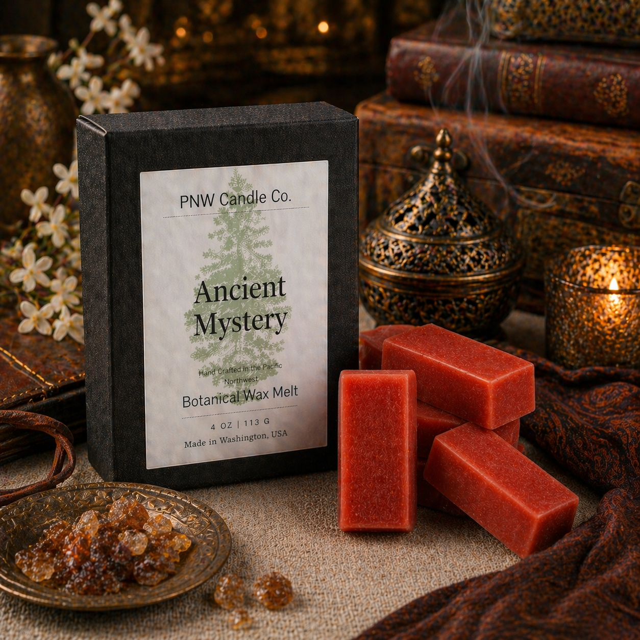 Wax tart from PNW Candle Co's Ancient Mystery Wax Melts collection, featuring a richly scented, decorative wax tart.