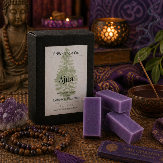 PNW Candle Co Ajna Wax Melts in a clear glass dish, showing vibrant, colorful wax tart pieces for fragrant home scenting.