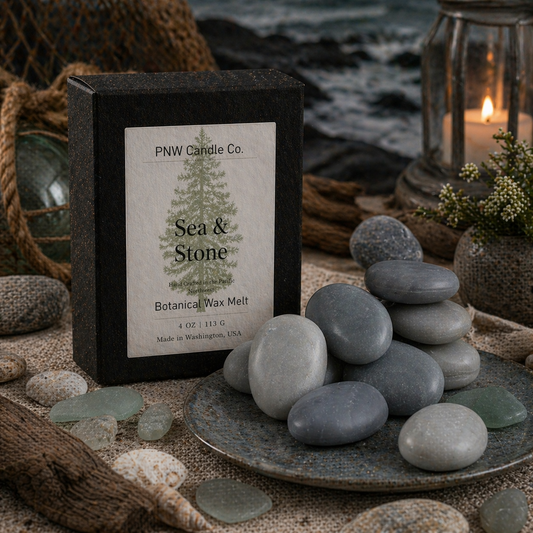 Sea & Stone wax tart by PNW Candle Co, showing a natural-colored wax melt with a subtle ocean-inspired scent.