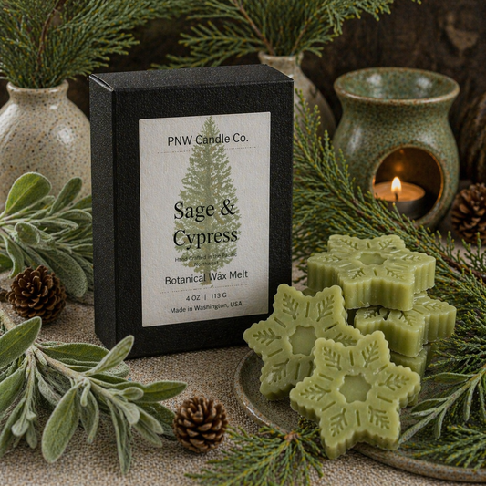 Sage and cypress wax melt tart by PNW Candle Co, scented wax tart with green sage and cypress botanical illustrations.