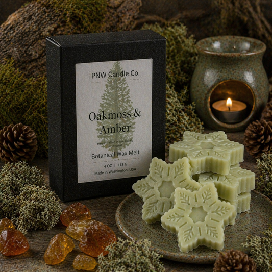 PNW Candle Co Oakmoss & Amber wax tart with a soft, earthy scent and natural wax texture in a round shape.