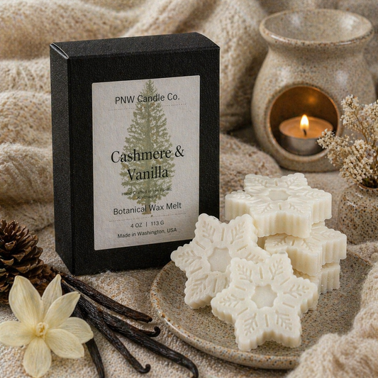 PNW Candle Co cashmere and vanilla scented wax tart, rectangular wax melt with a smooth, creamy appearance and subtle fragrance.