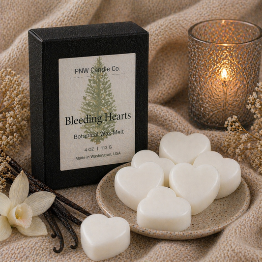 PNW Candle Co Bleeding Heart wax tart with pink and red heart-shaped wax melts in a decorative container.
