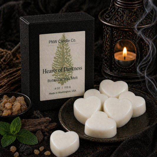 Hearts of Darkness wax tart by PNW Candle Co featuring a dark heart-shaped wax melt with a glossy finish.
