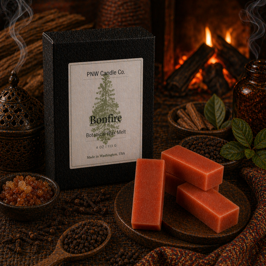 PNW Candle Co Bonfire Wax Melts in a wax tart shape, showcasing warm, smoky scent and rustic packaging.