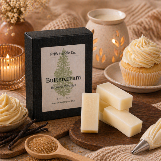 Buttercream scented wax tart from PNW Candle Co, showing a creamy, golden wax melt in a decorative tart shape.