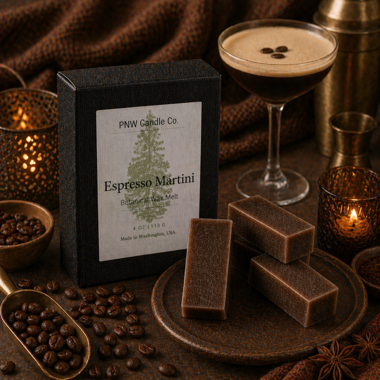 PNW Candle Co Espresso Martini wax tart with coffee and chocolate scent, round wax melt on a white background.