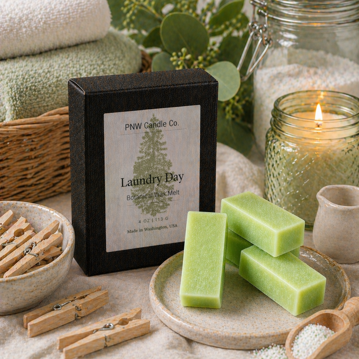 PNW Candle Co Laundry Day wax tart, a scented wax melt in a round shape with a white and blue packaging design.