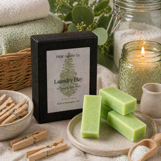 PNW Candle Co Laundry Day wax tart, a scented wax melt in a round shape with a white and blue packaging design.