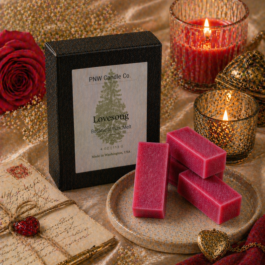 PNW Candle Co LoveSong scented wax melt tart with a colorful, floral design and soft pink and purple hues.