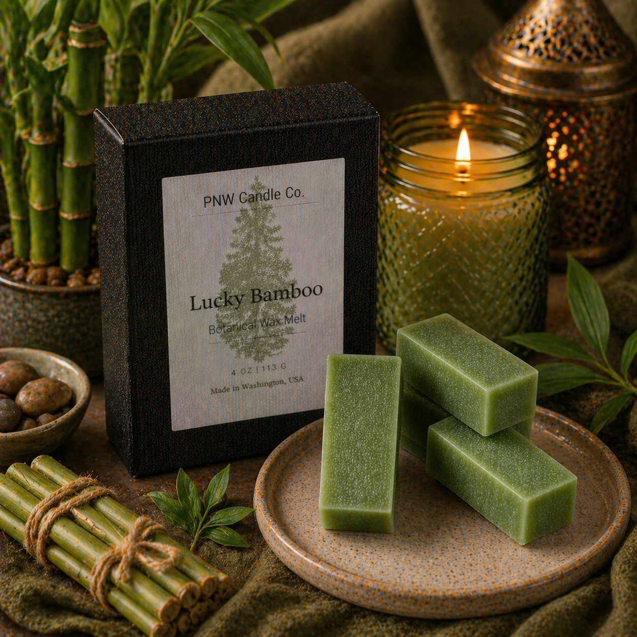 Lucky Bamboo scented wax tart from PNW Candle Co, featuring a natural wax piece with bamboo-inspired design and fresh green color.