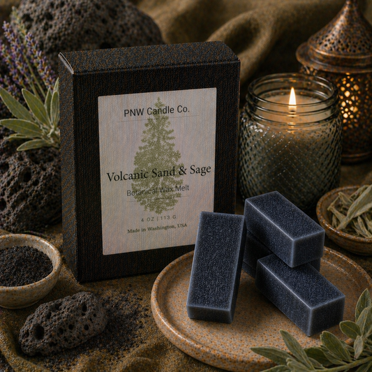 PNW Candle Co volcanic sand and sage wax tart, natural wax melt with earthy scent, shown in a clear glass dish.