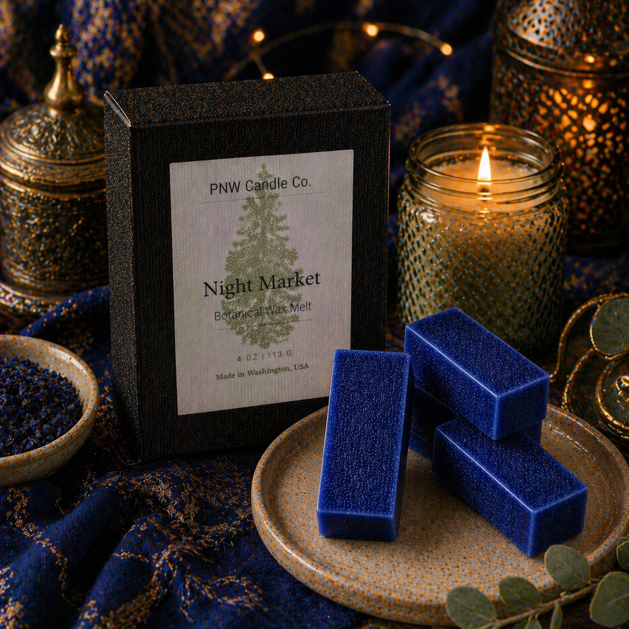 PNW Candle Co Night Market wax tart, scented wax melt in a decorative container, ideal for home fragrance and ambiance.